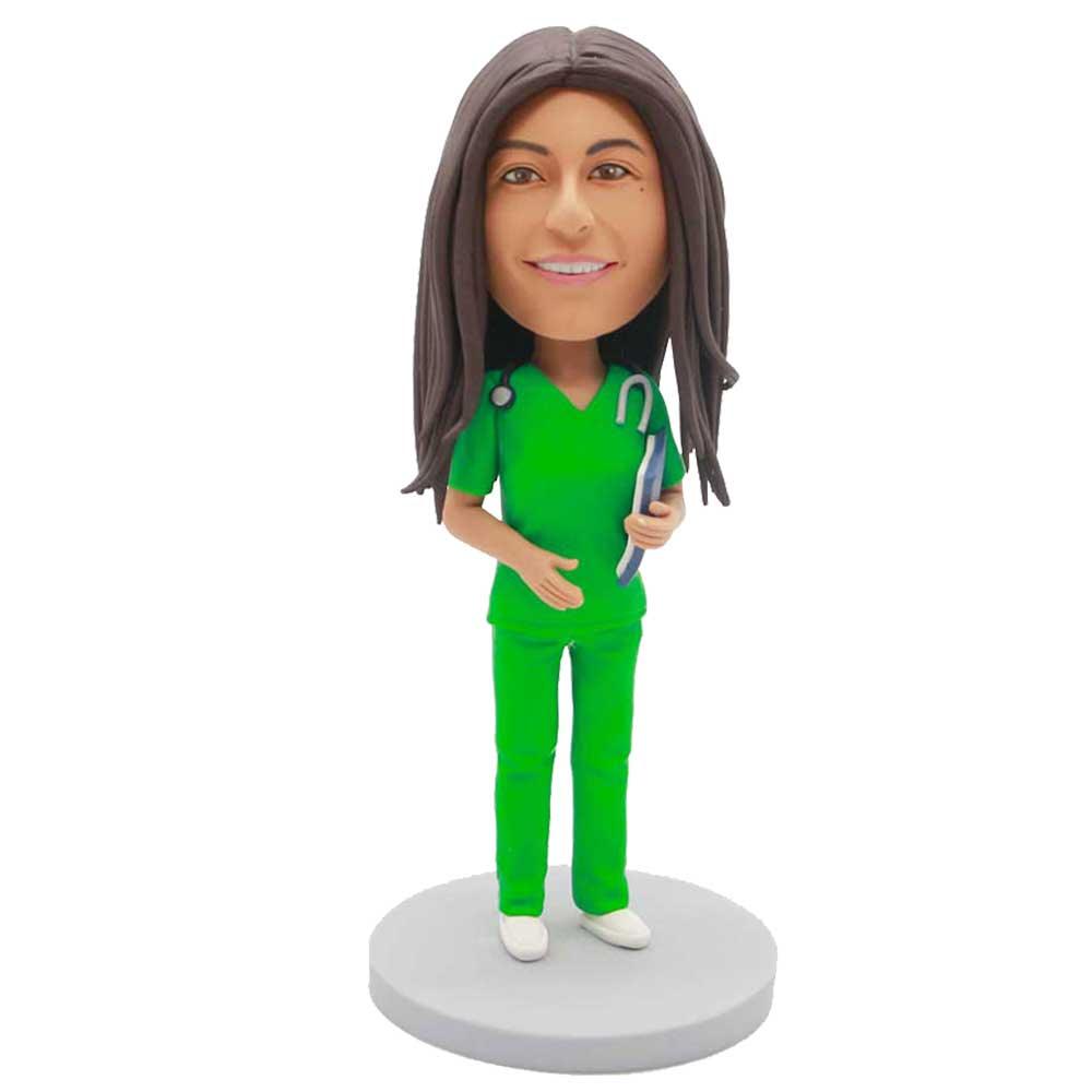 Custom Female Doctor Bobbleheads In Green Surgical Gown