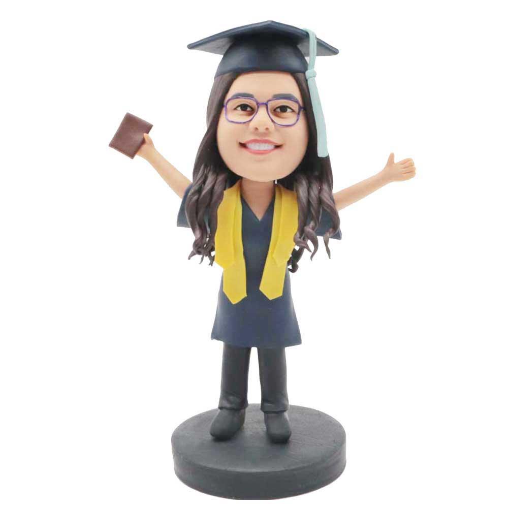 Custom Female Graduation Bobbleheads In Black Gown With Yellow Ribbons