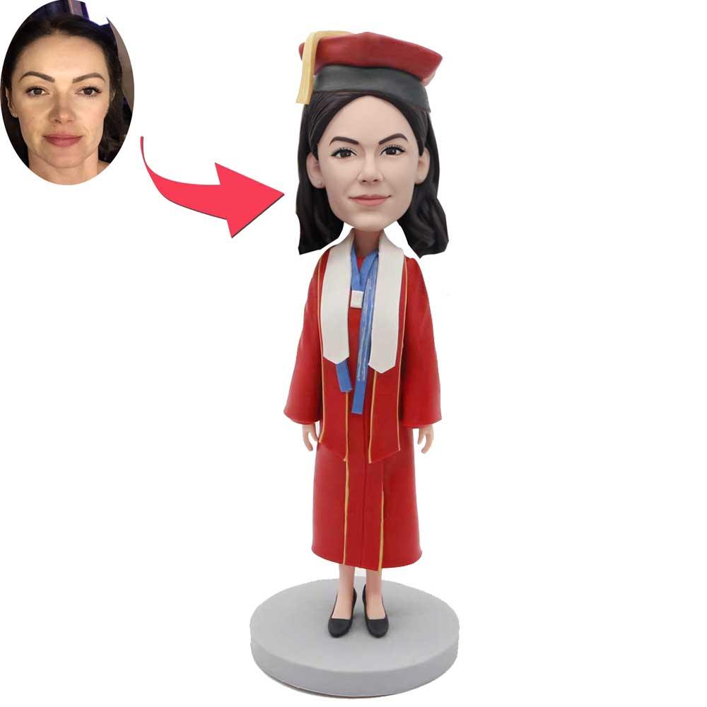 Custom Female Graduation Bobbleheads In Red Gown And White Ribbon
