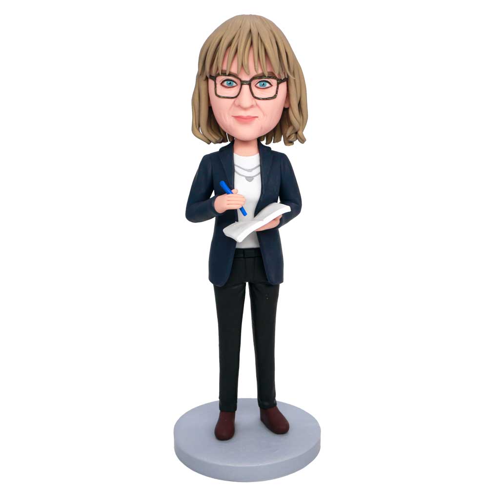 Custom Female Office Manager Bobbleheads In Suit With A Notebook
