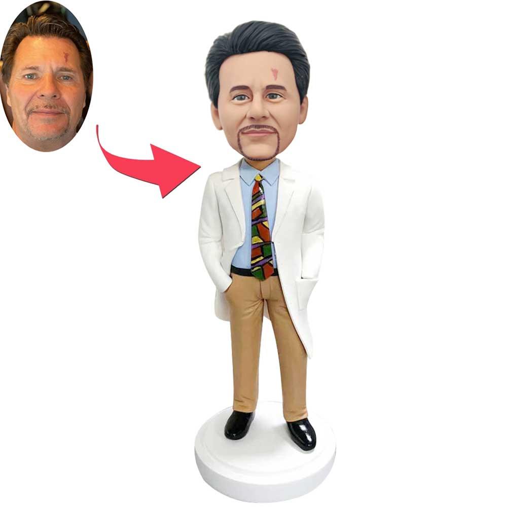 Custom Handsome Male Doctor Bobbleheads In White Coat And Hands In Pockets