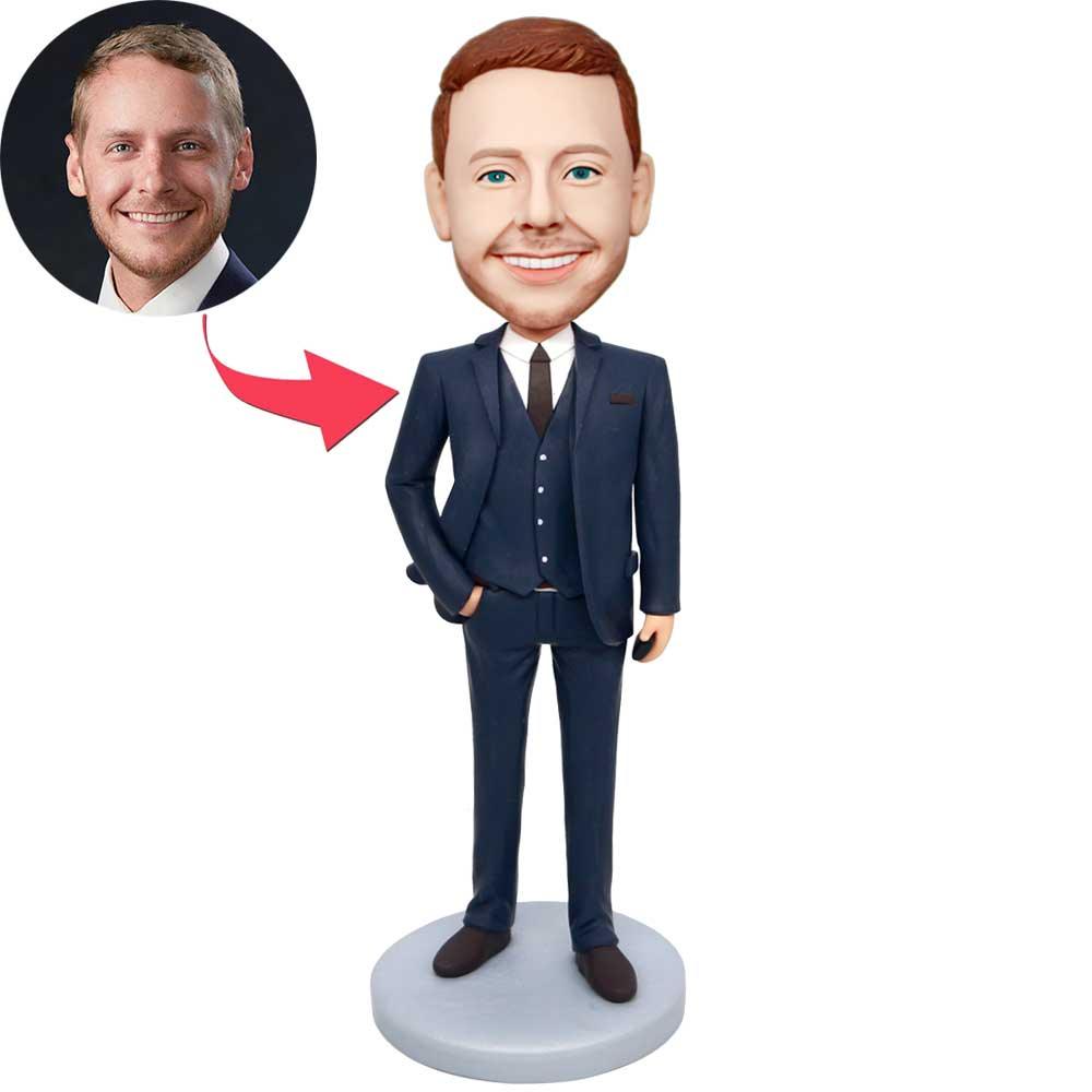 Custom Handsome Male Office Boss Bobbleheads In Black Suit Holding A Phone