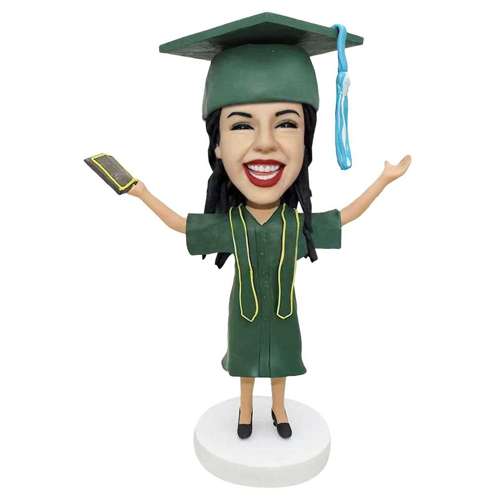 Custom Happy Female Graduation Bobbleheads In Green Gown