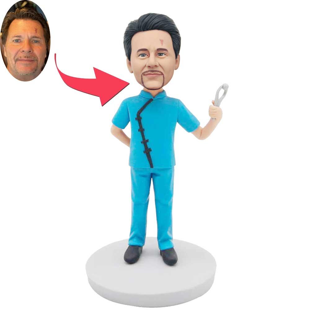 Custom Male Dentist Bobbleheads In Blue Surgical Gown