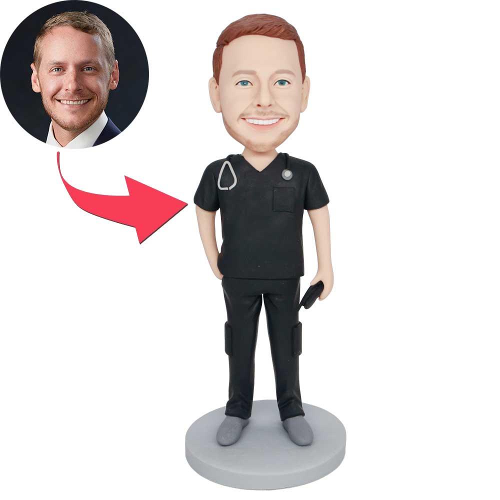 Custom Male Doctor Bobbleheads In Black Surgical Gown