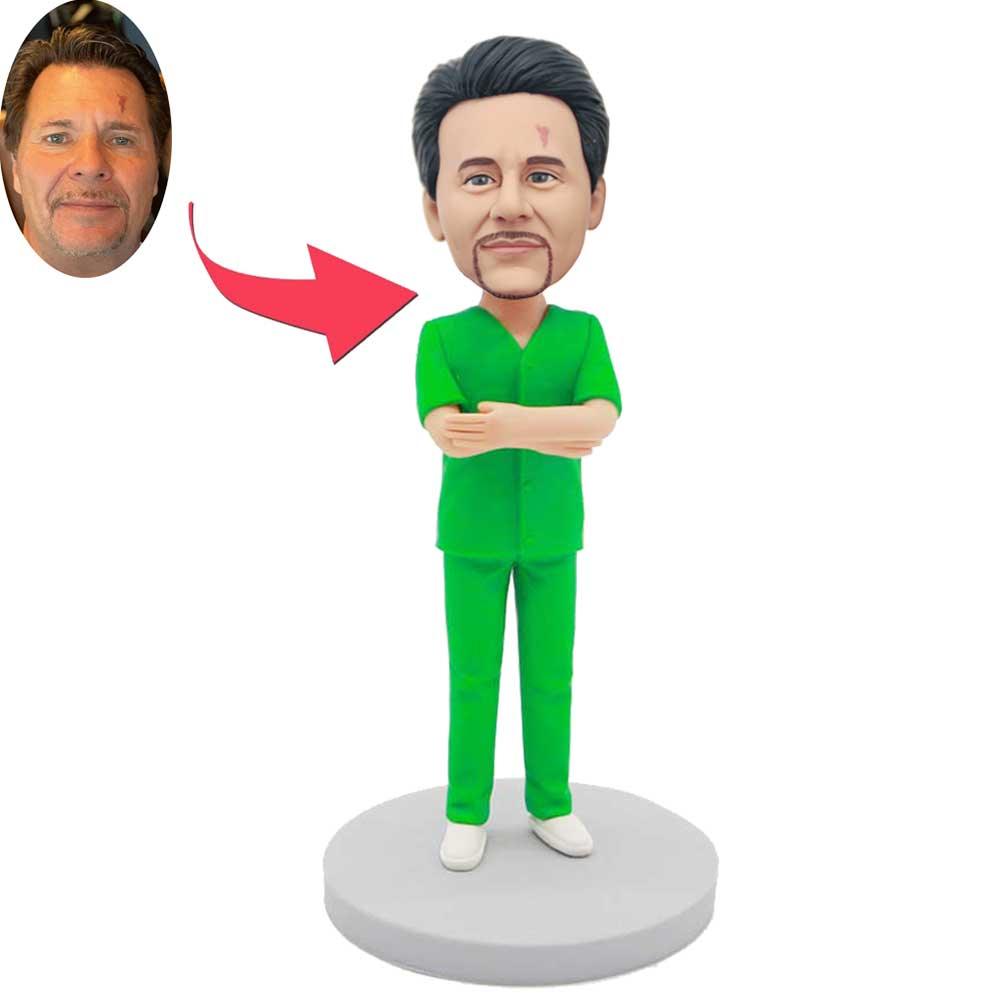 Custom Male Doctor Physician Bobbleheads In Green Surgical Gown