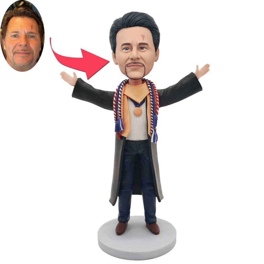 Custom Male Graduation Bobbleheads In Black Gown And Open Arms