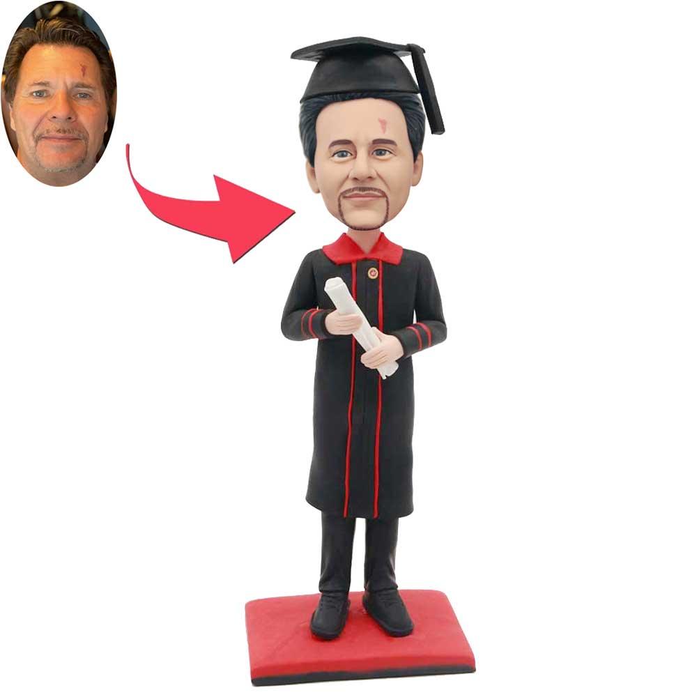 Custom Male Graduation Bobbleheads In Black Gown Holding A Diploma