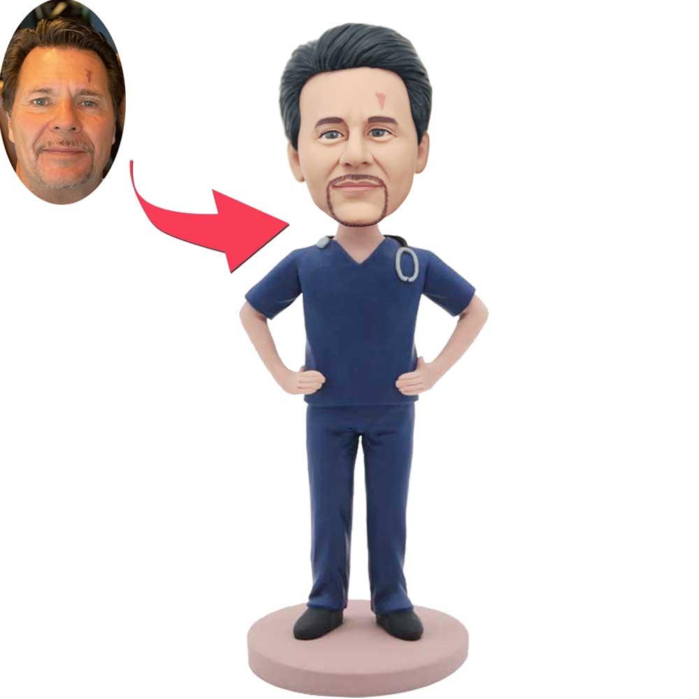 Custom Male Surgeon Doctor Physician Bobbleheads In Dark Blue Surgical Gown