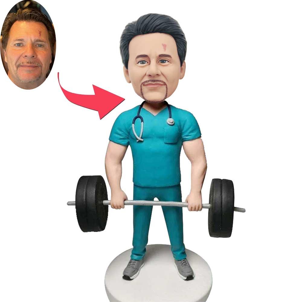 Custom Strong Male Doctor Bobbleheads With A Barbell