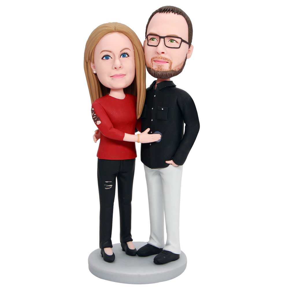 Custom Sweet Couple Bobbleheads In Casual Clothes Close Together