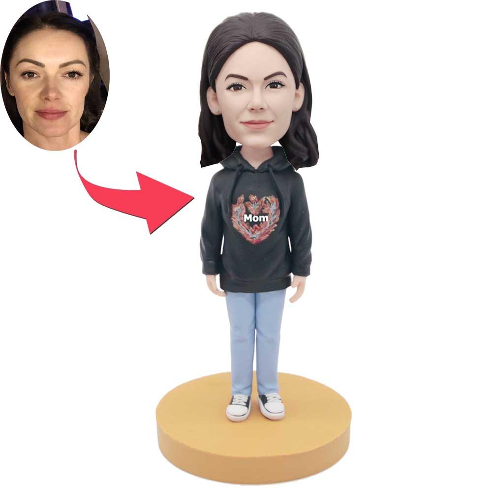 Mother’s Day Gifts Custom Female Bobbleheads In Black Sweatshirt And Jeans