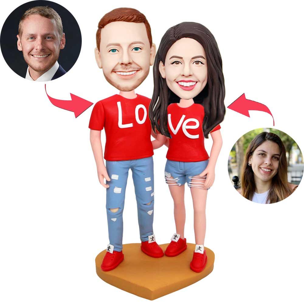 Valentine's Day Gifts Custom Couple Bobbleheads In Red Couple T-shirt