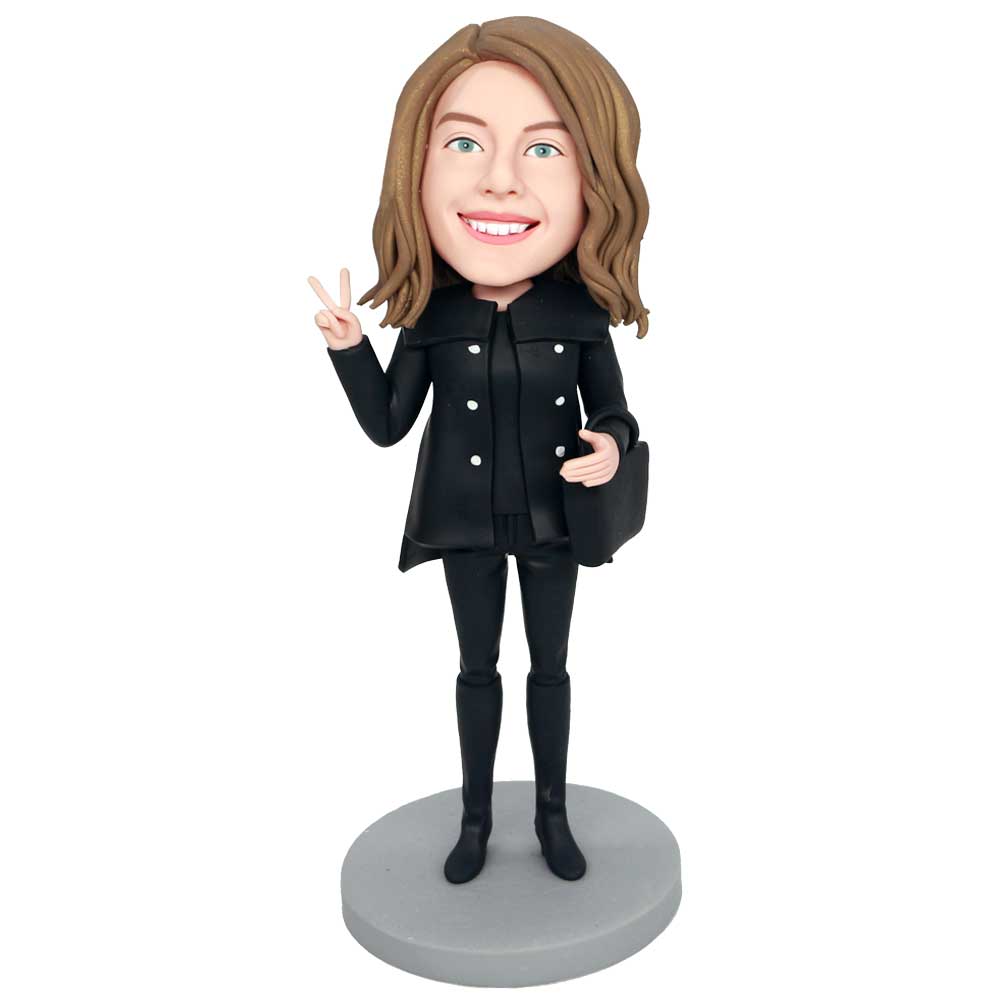 Custom Female Bobbleheads In Black Coat With A Bag