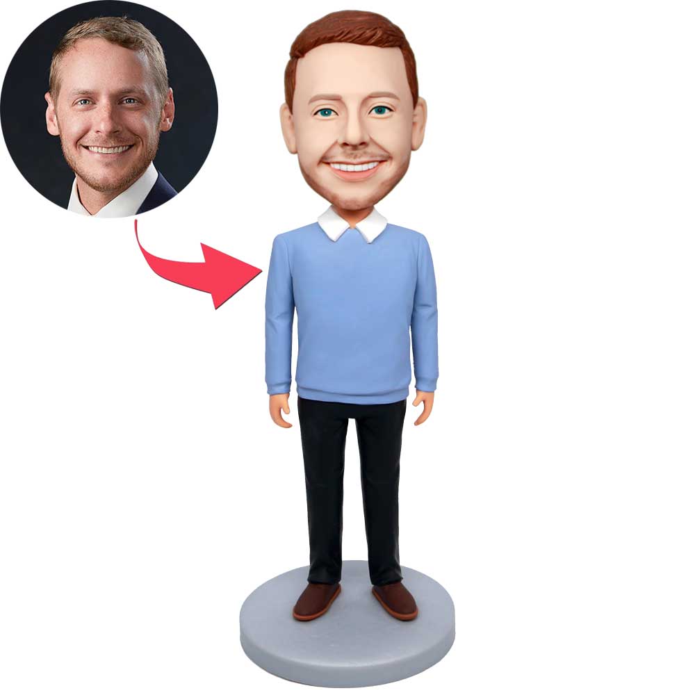 Custom Handsome Male Bobbleheads In Blue Sweater