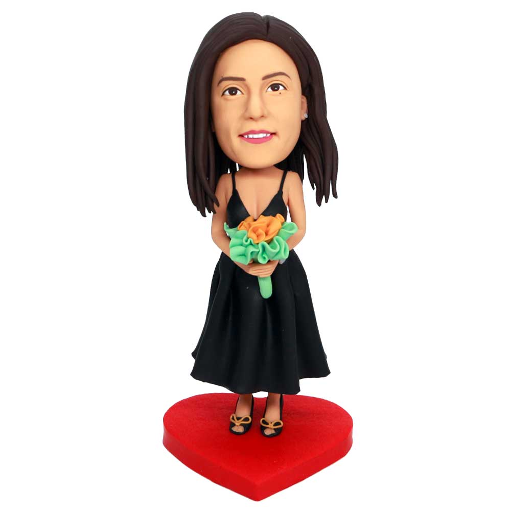 Mother's Day Gifts Custom Female Bobbleheads In Black Strapless Dress With Flowers