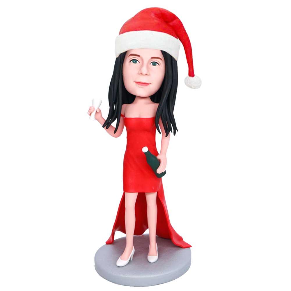 Custom Christmas Female Bartender Bobbleheads In Red Dress With Wine And Cups