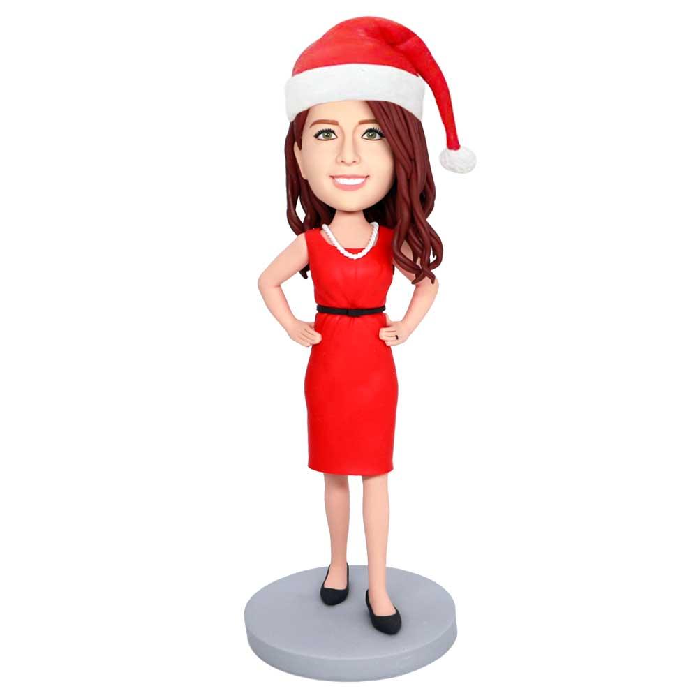 Custom Christmas Female Bobbleheads In Red Dress