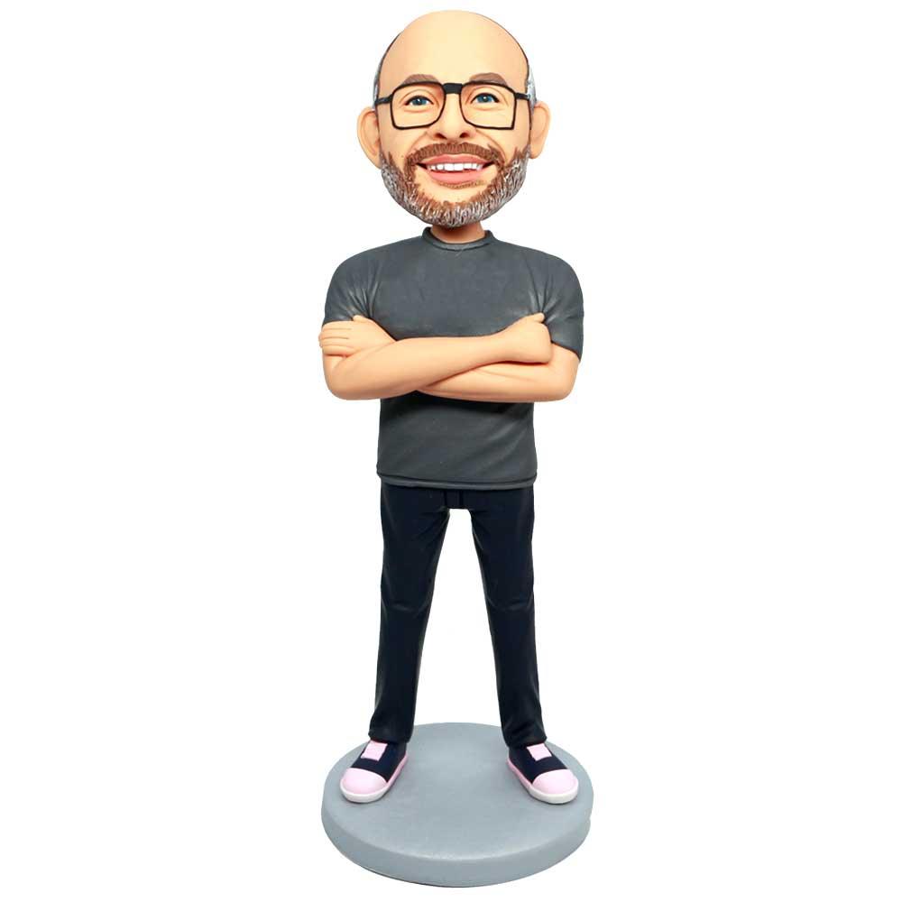 Custom Cool Male Bobbleheads In Grey T-Shirt And Chest With Arms