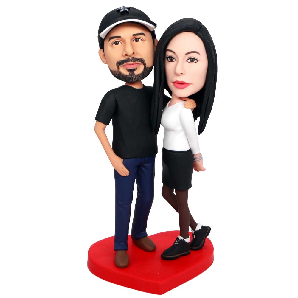 Custom Couple Bobbleheads In Casual Clothes Hold Together