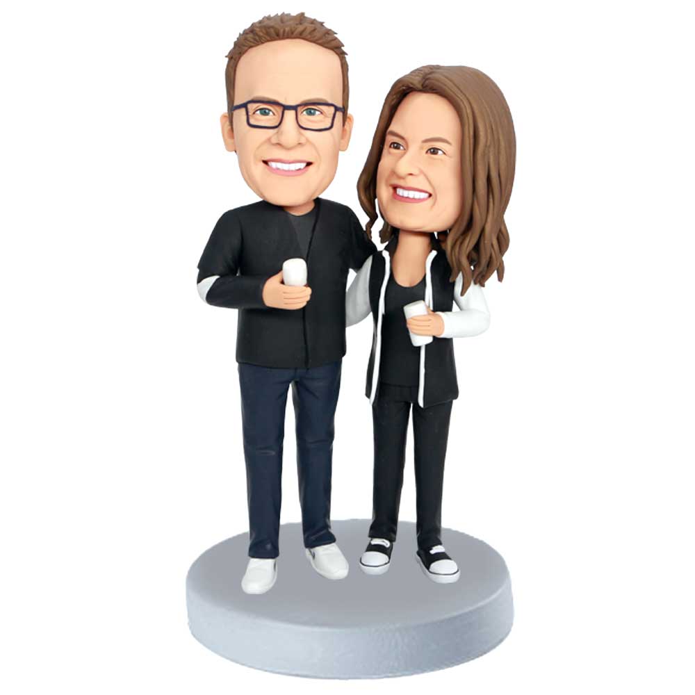 Custom Couple Bobbleheads In Casual Clothes Holding Wine Glass