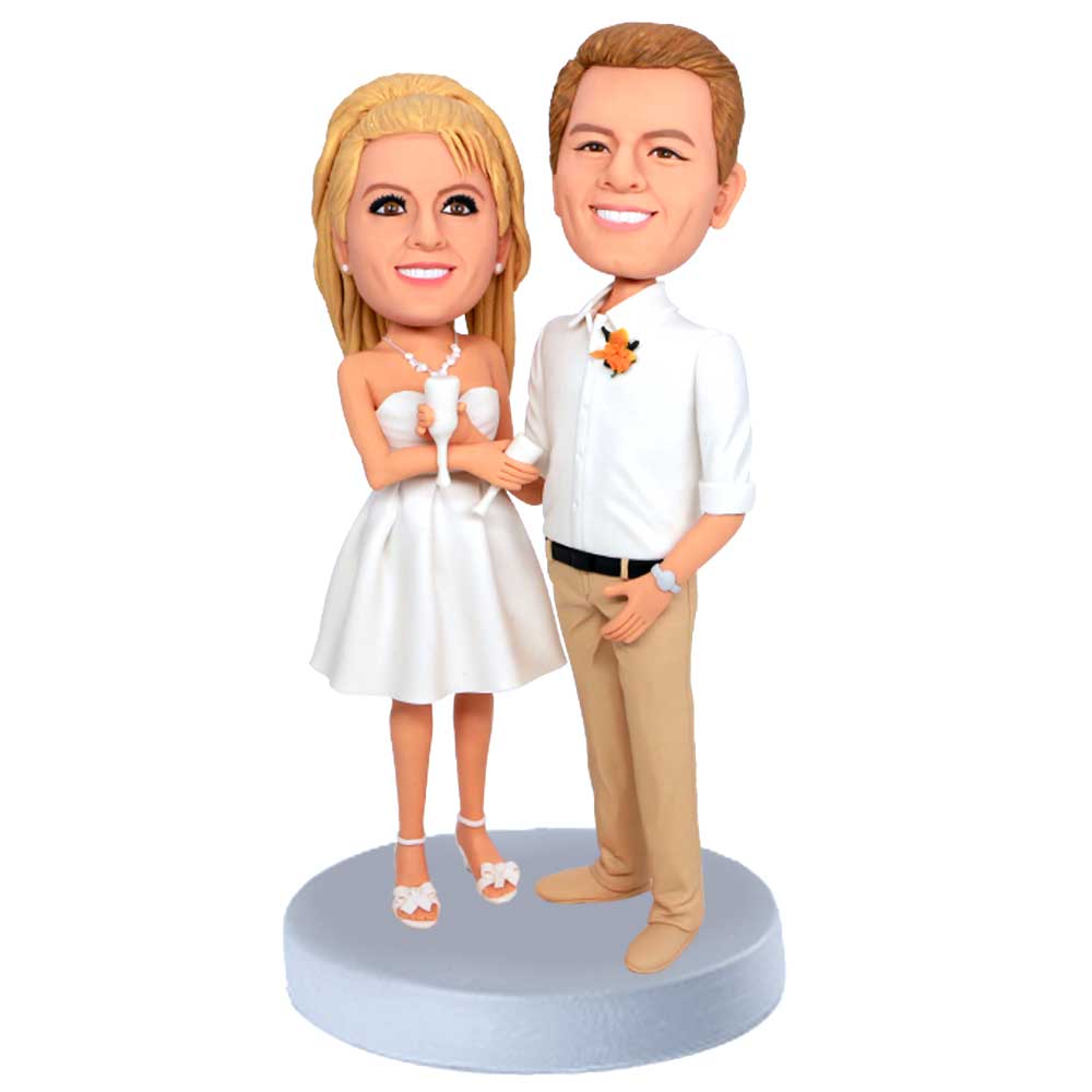 Custom Couple Bobbleheads In White Dress Holding Wine Glasses