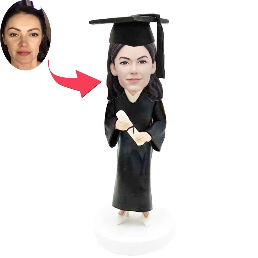Custom Elegant Female Graduation Bobbleheads In Black Gown And Holding A Certificate