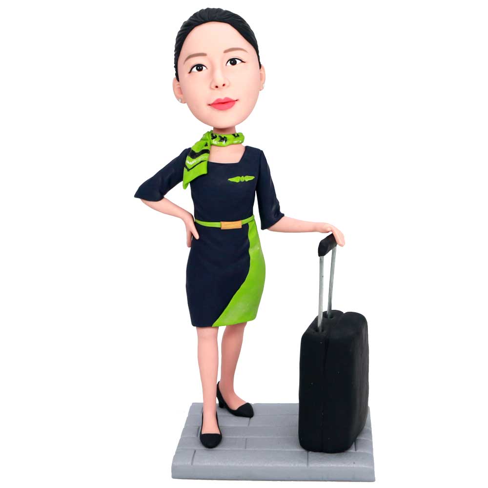Custom Elegant Flight Attendant Bobbleheads Holding A Suitcase