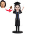 Custom Excied Female Graduation Bobbleheads In Black Gown And Holding A Book