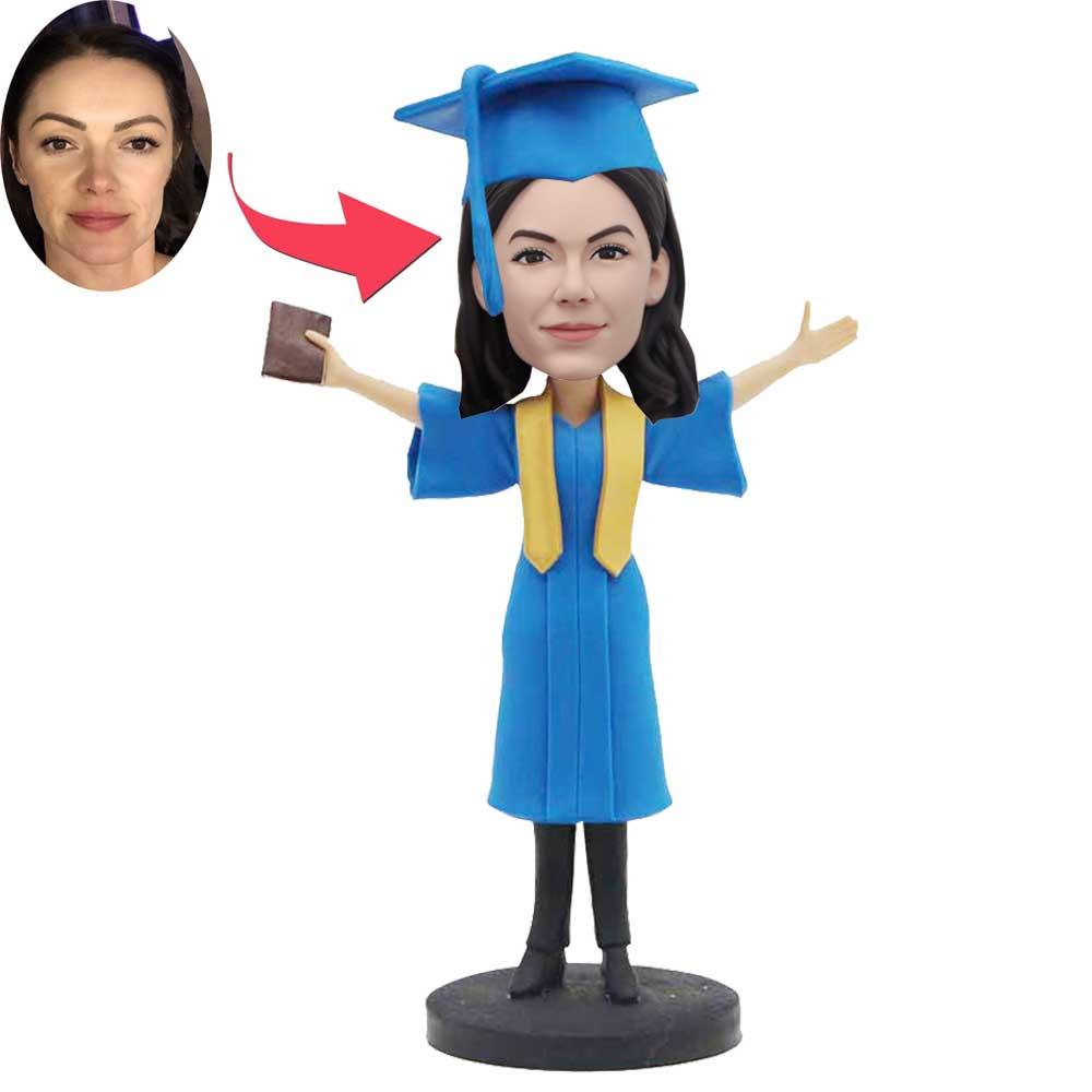 Custom Excited Female Graduation Bobbleheads In Sky Blue Bachelor Gown