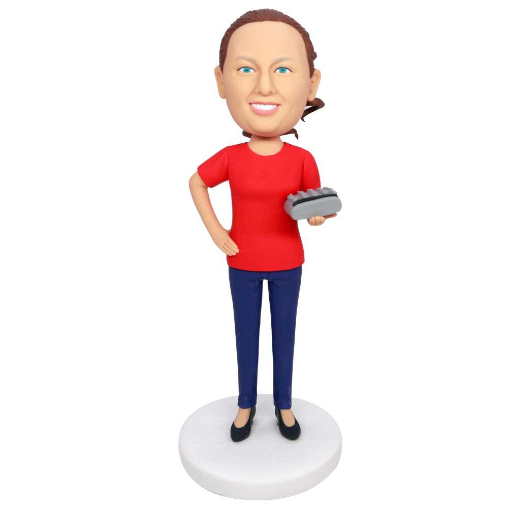 Custom Female Accountant Bobbleheads In Red T-shirt With A Calculator