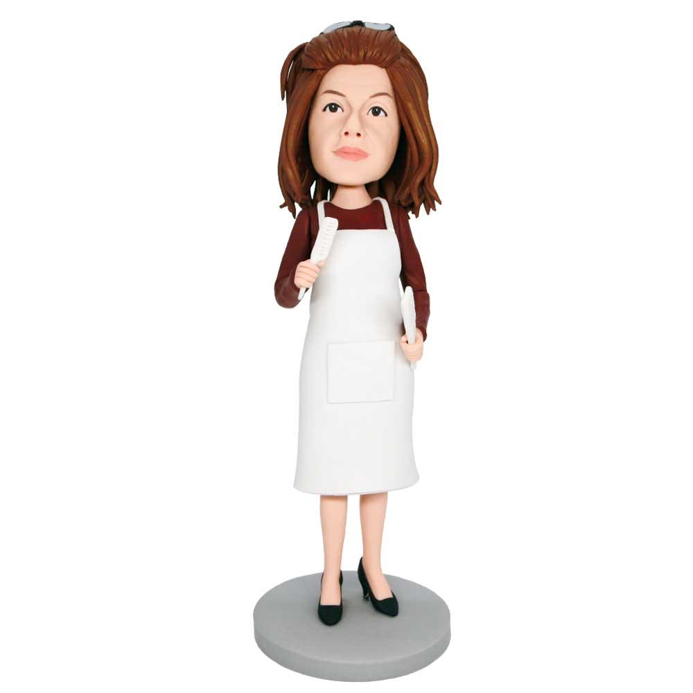 Custom Female Barber Bobbleheads In White Apron