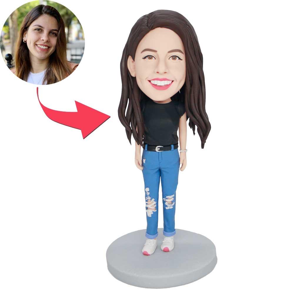 Custom Female Bobbleheads In Black T-shirt And Blue Jeans