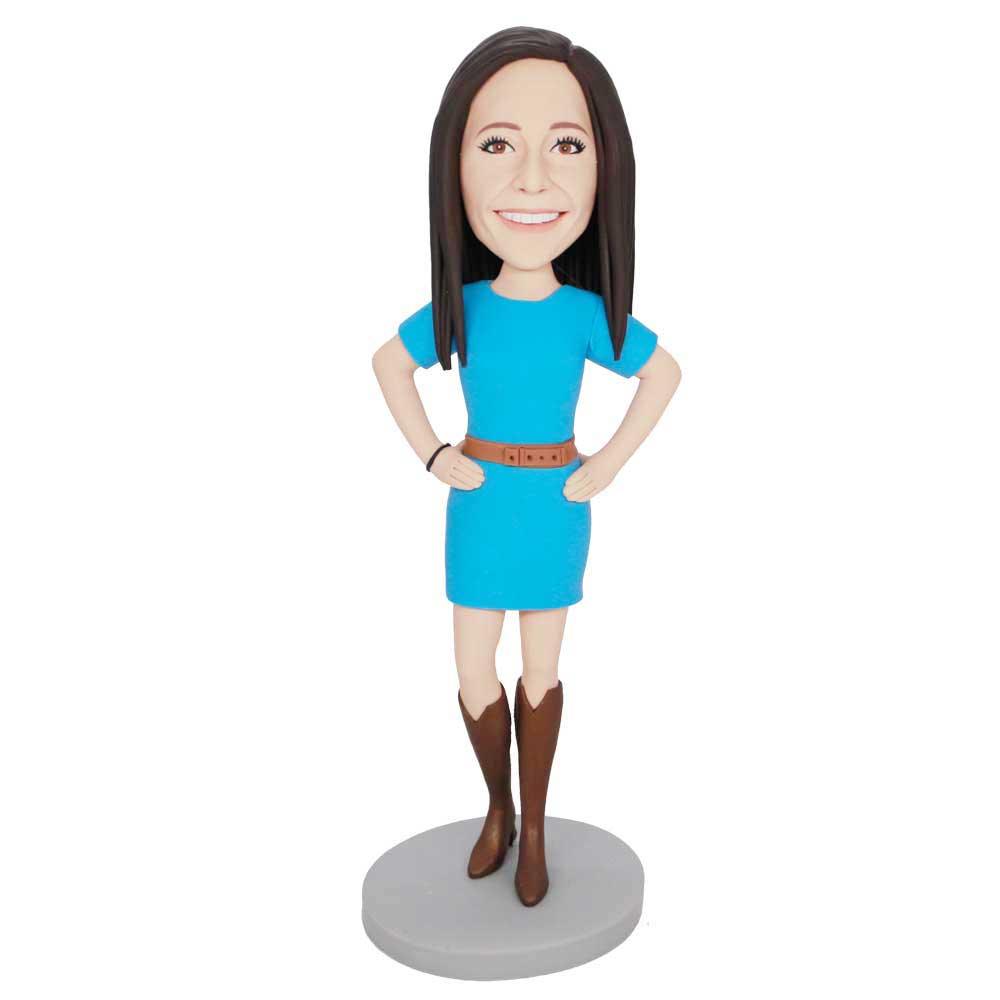 Custom Female Bobbleheads In Blue Dress And Boots