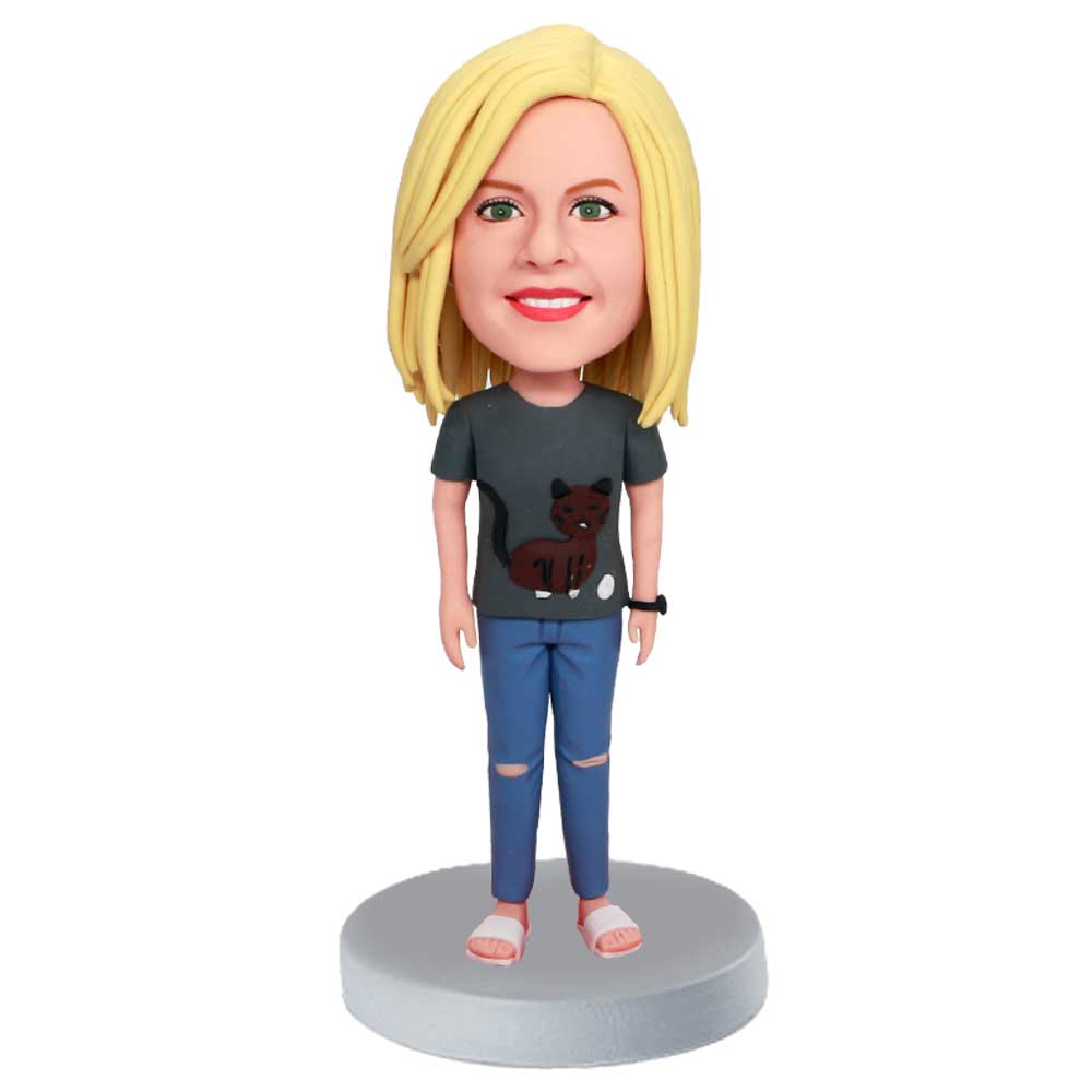 Custom Female Bobbleheads In Cute T-shirt And Hole Pants