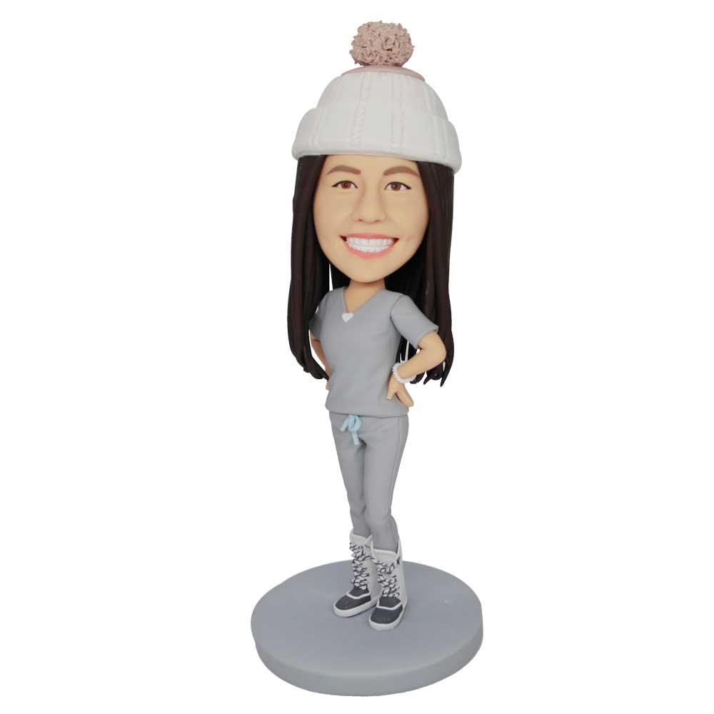 Custom Female Bobbleheads In Grey Casual Outfit