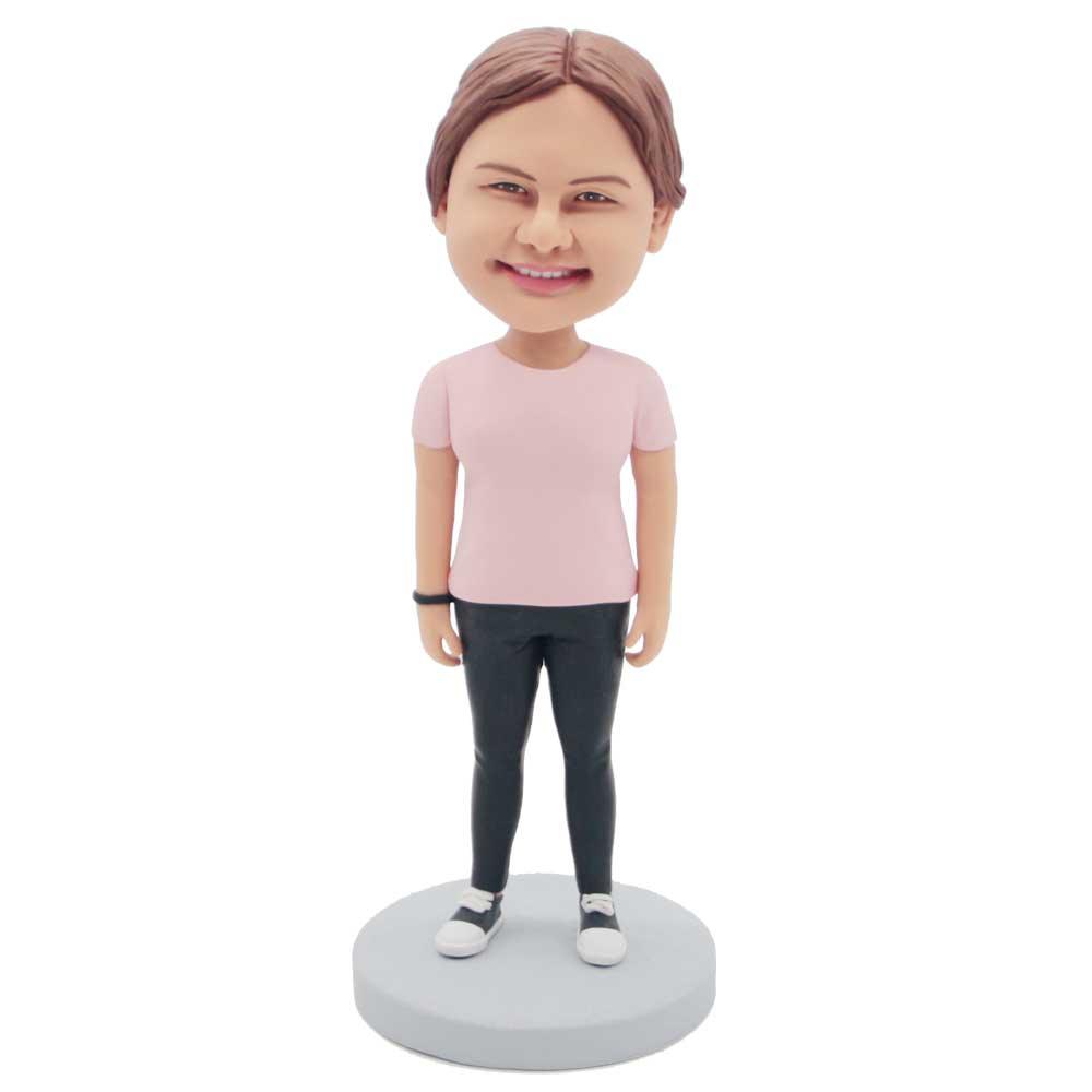 Custom Female Bobbleheads In Pink T-shirt