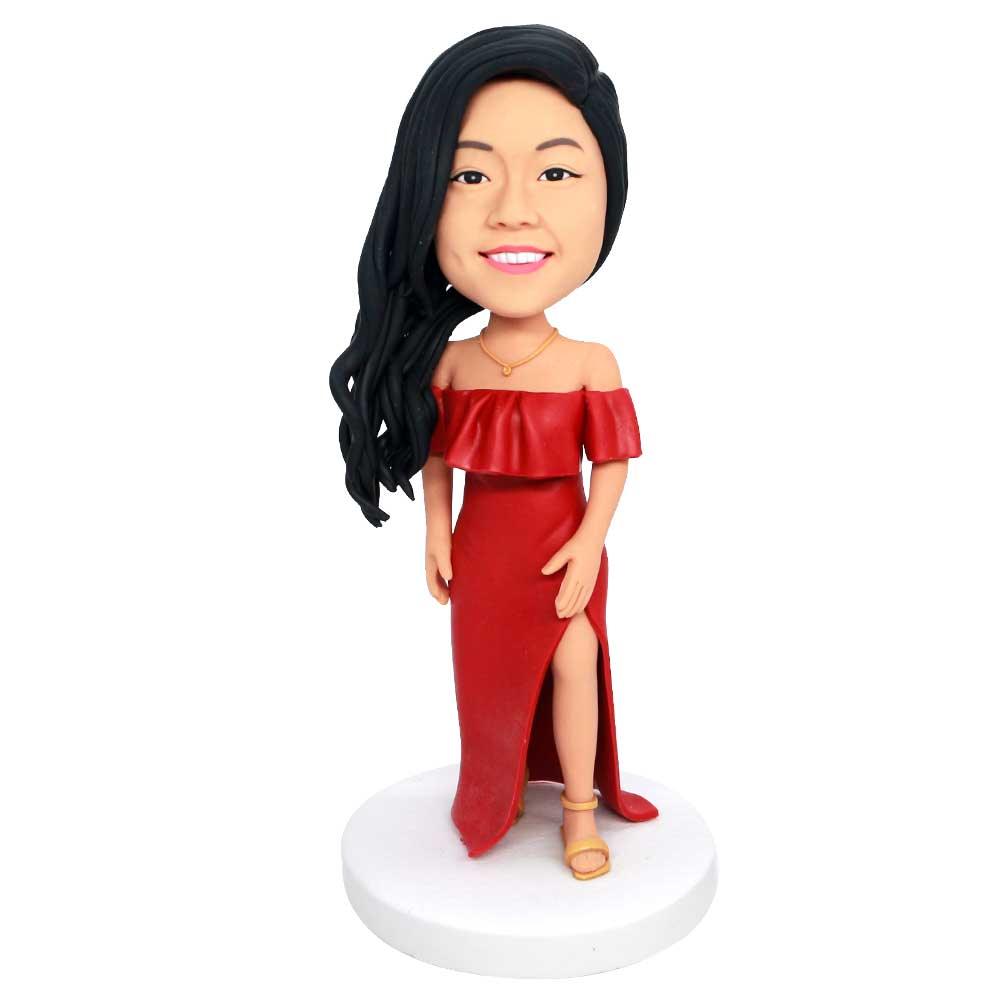 Custom Female Bobbleheads In Red One Word Collar Dress