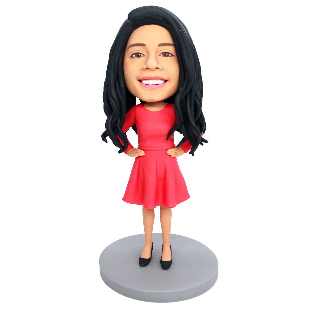 Custom Female Bobbleheads In Red Skirt And Hands On Hips