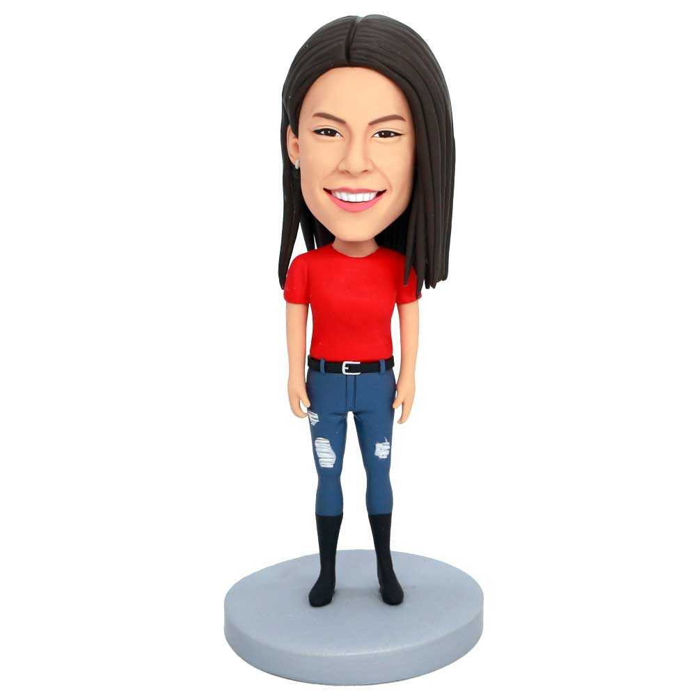 Custom Female Bobbleheads In Red T-shirt And Jeans