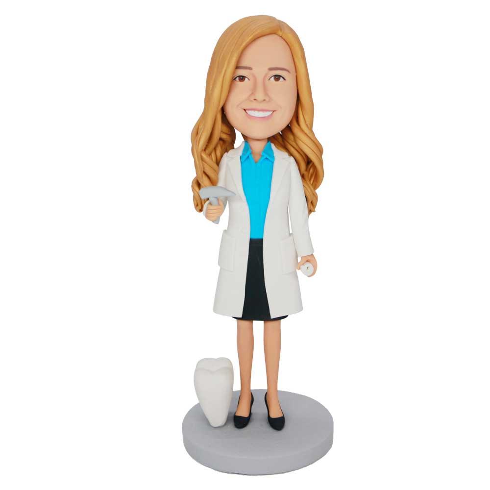 Custom Female Dentist Bobbleheads In White Coat With Tooth