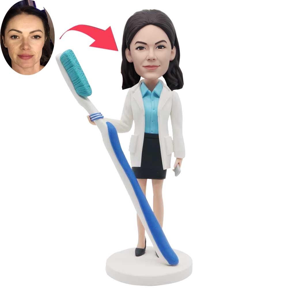 Custom Female Dentist Physician Bobbleheads Holding Toothbrush