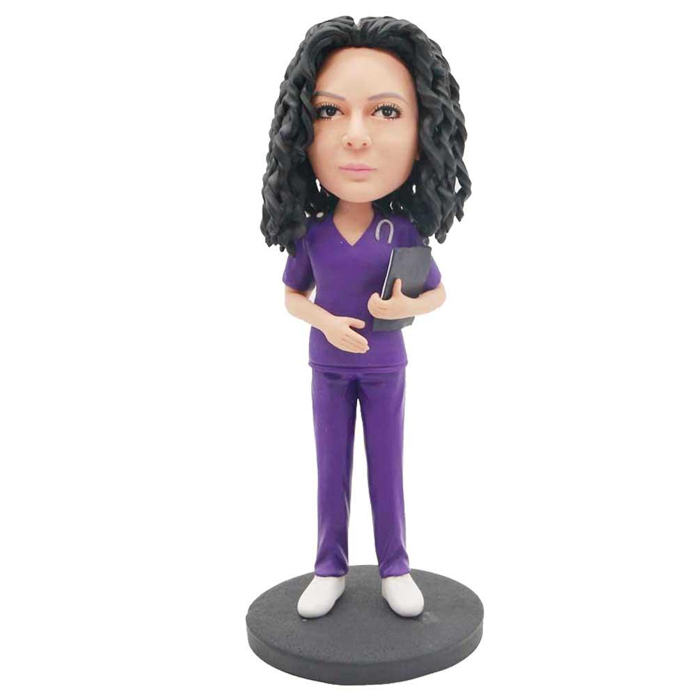 Custom Female Doctor Bobbleheads In Purple Surgical Gown