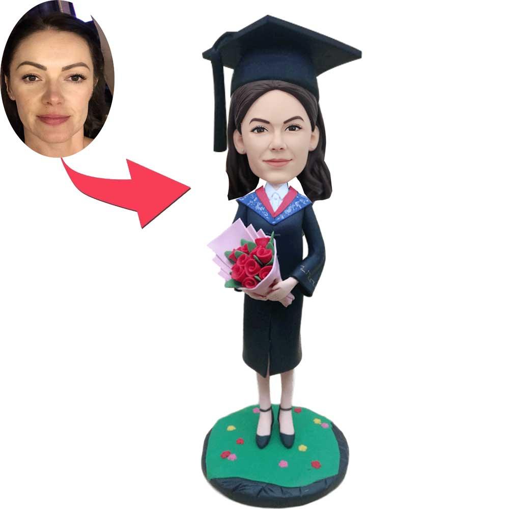 Custom Female Graduation Bobbleheads Holding A Bouquet