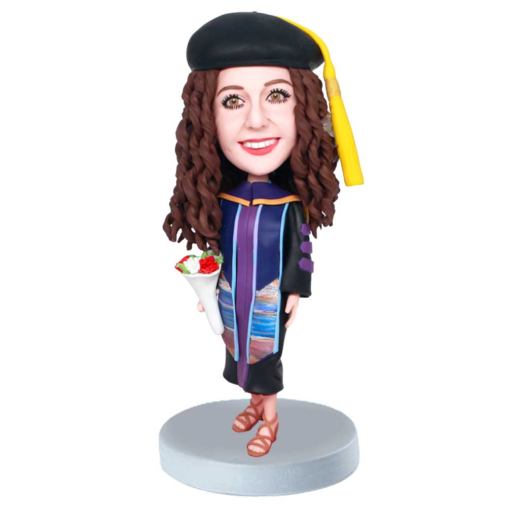 Custom Female Graduation Bobbleheads Holding A Bouquet Of Flowers