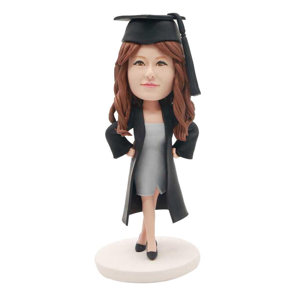 Custom Female Graduation Bobbleheads In Black Gown And Arms Akimbo