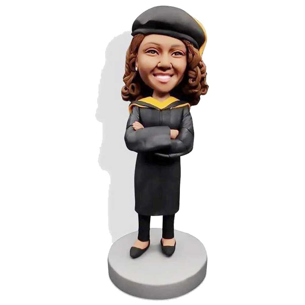 Custom Female Graduation Bobbleheads In Black Gown And Crossed Arms