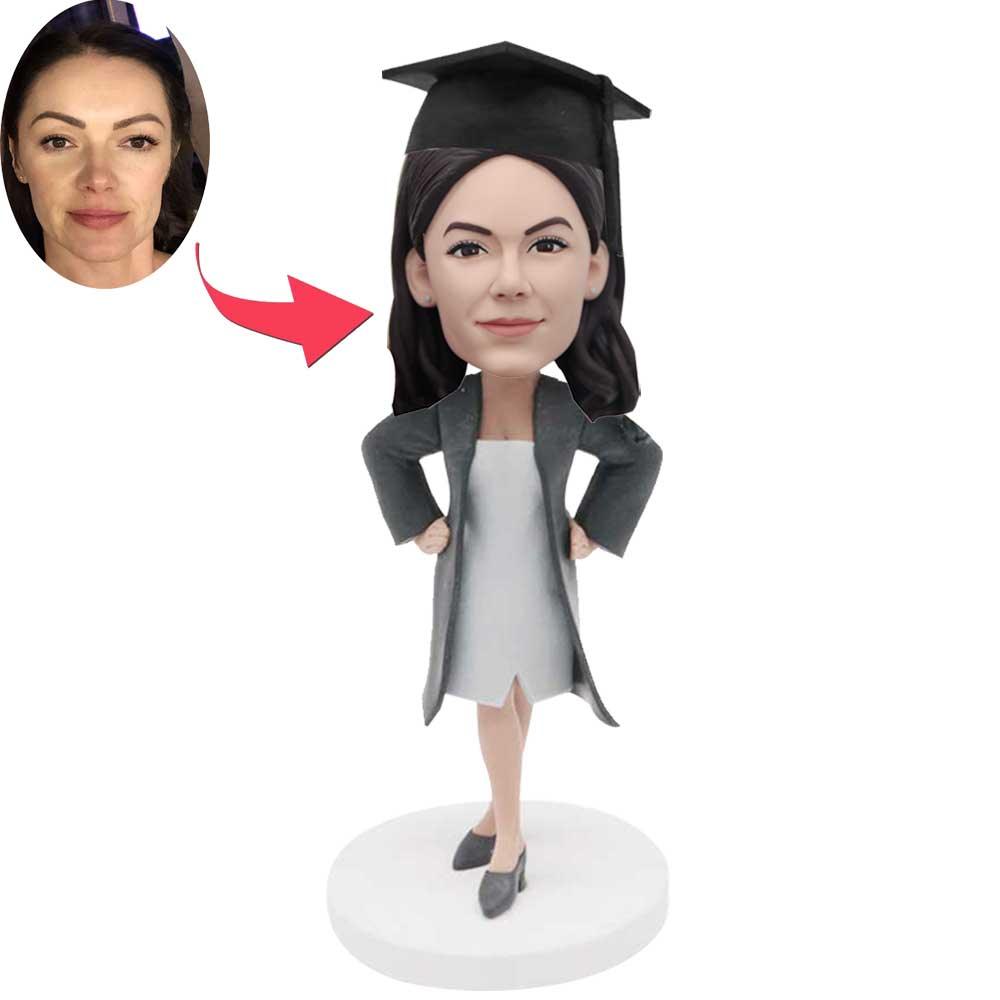 Custom Female Graduation Bobbleheads In Black Gown And Hands On Hips