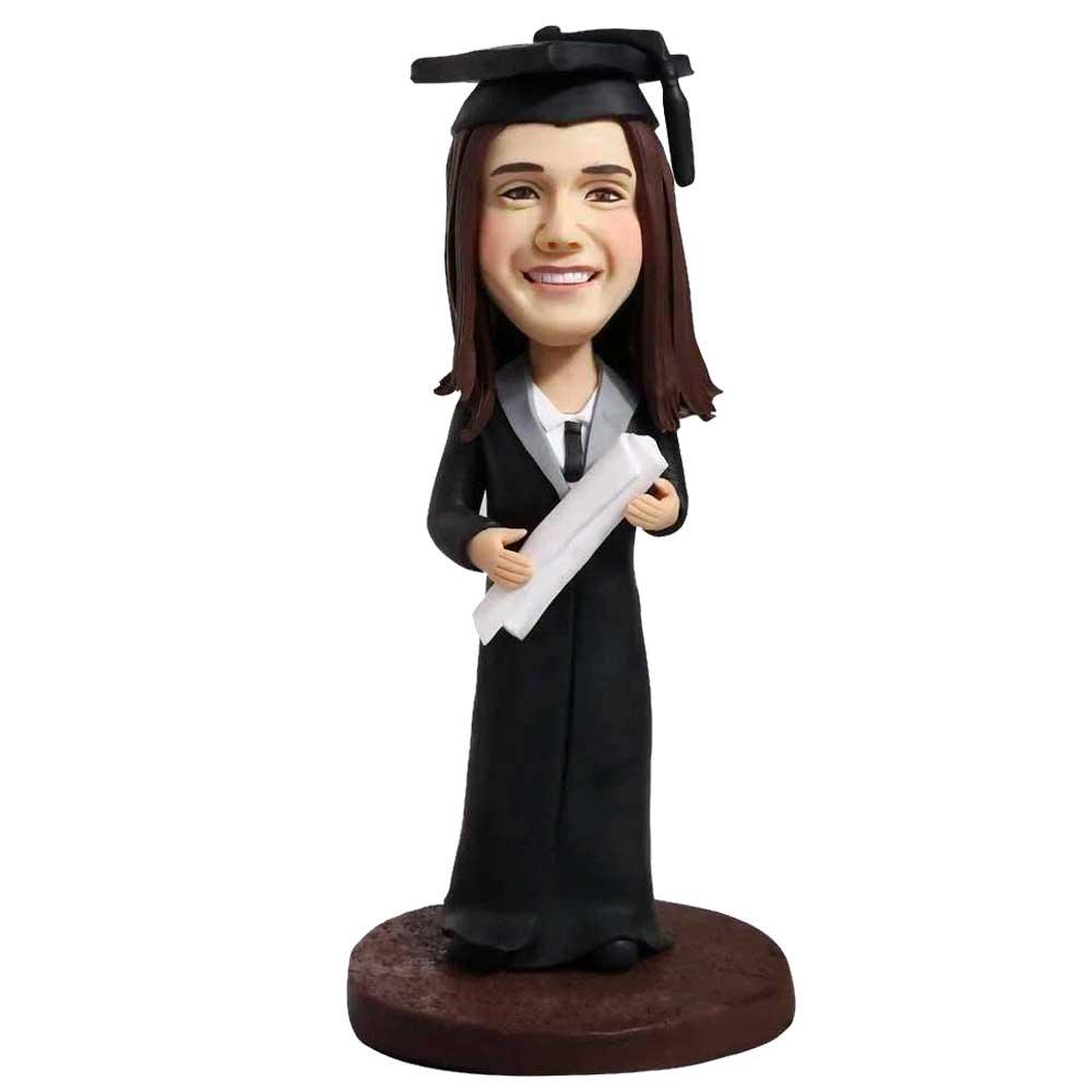 Custom Female Graduation Bobbleheads In Black Gown And Holding A Certificate
