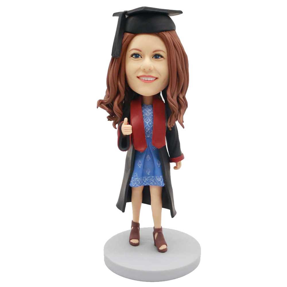 Custom Female Graduation Bobbleheads In Black Gown And Thumbs Up